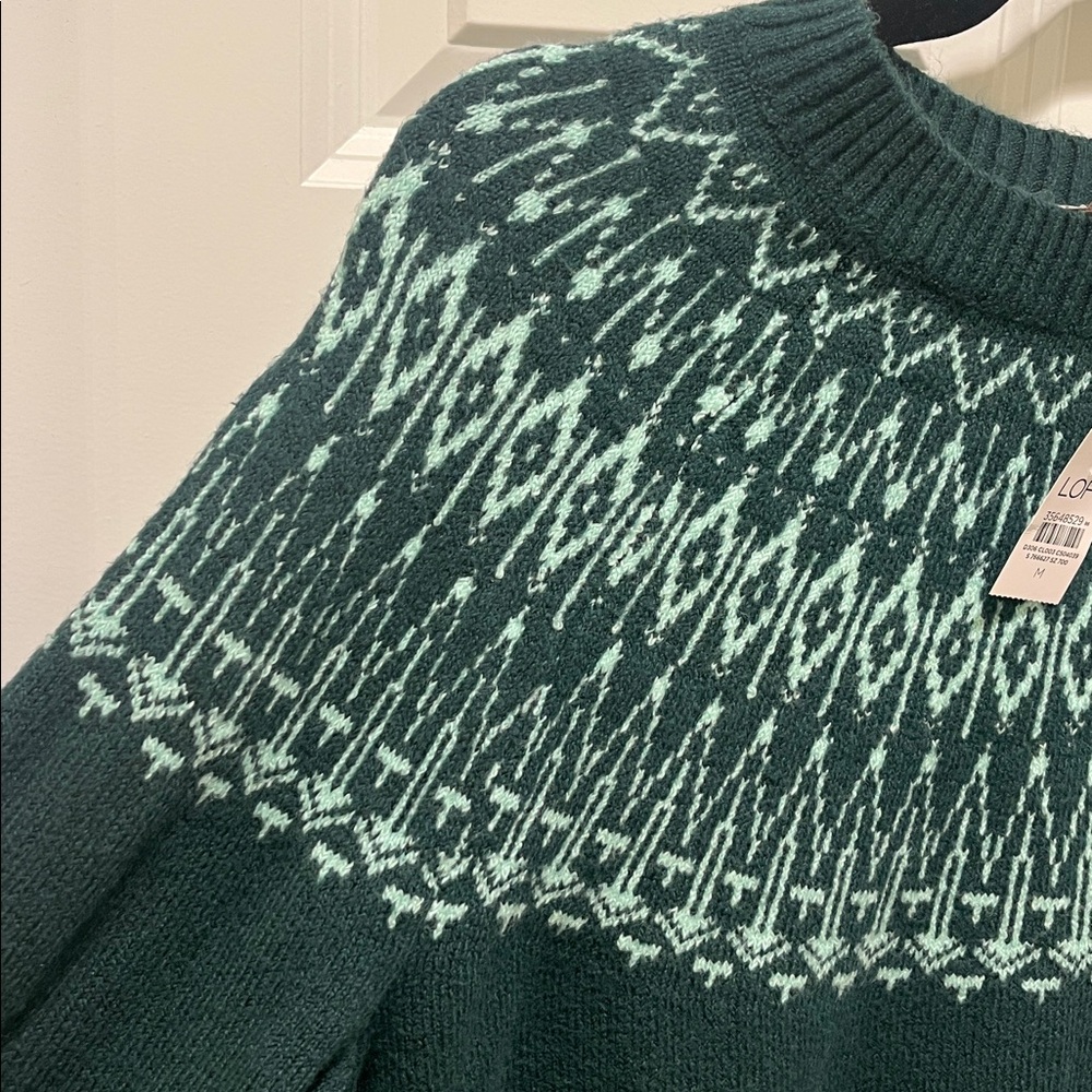 NWT LOFT Fair Isle Green Apres soft crew pullover Sweater lightweight Alpine - Picture 4 of 9